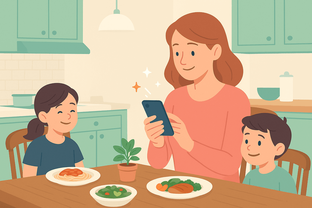 Friendly mum at kitchen table with phone planning meals